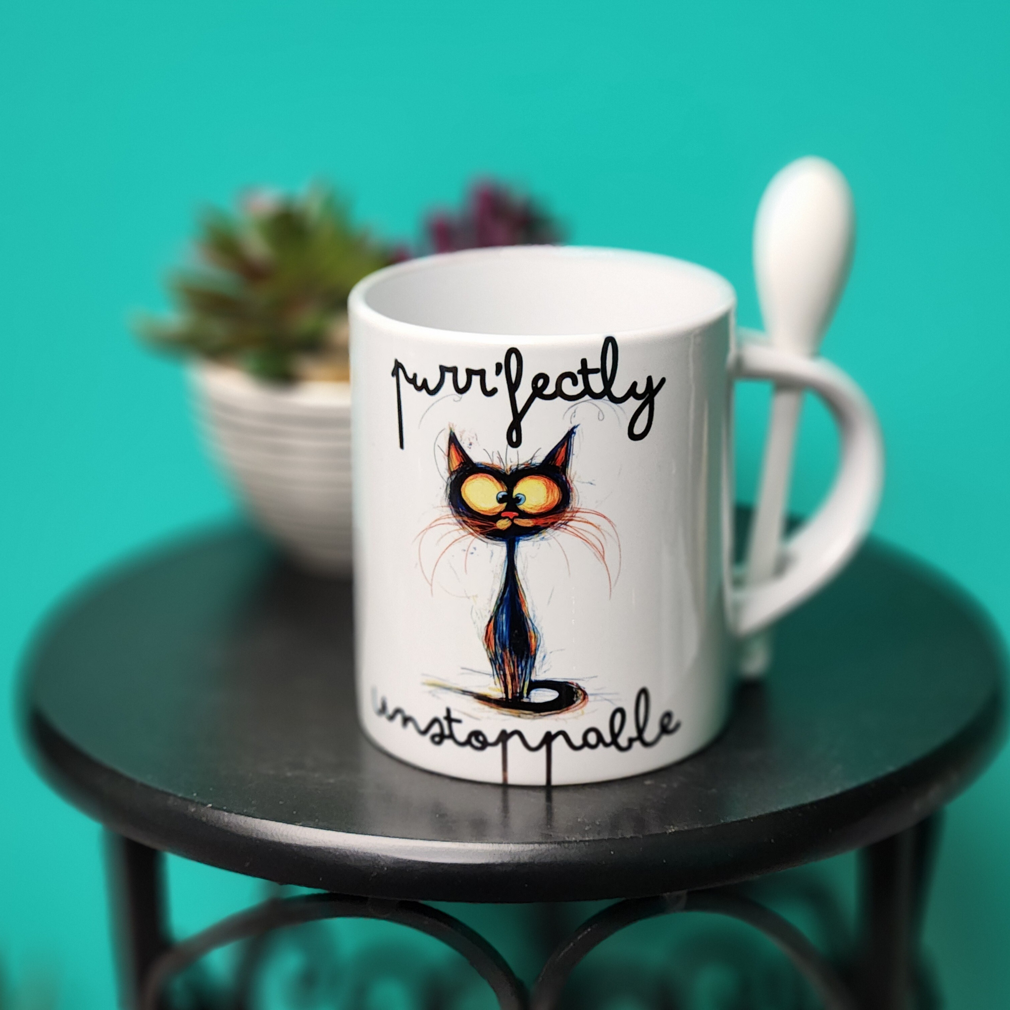 Purr'fectly Unstoppable Black Cat 11oz Ceramic Stirring Spoon Mug