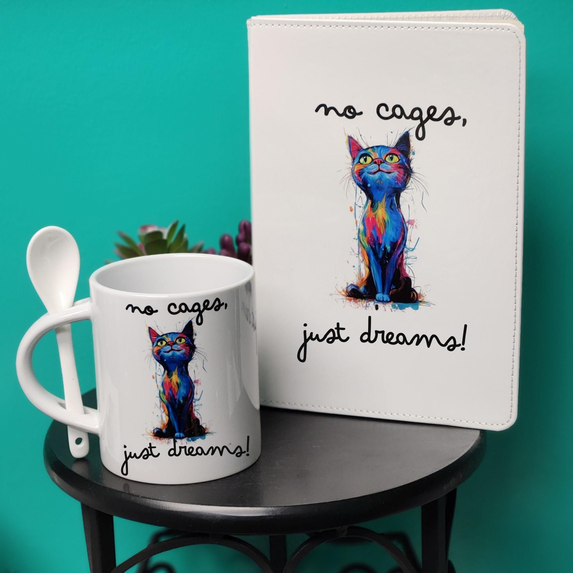 No Cages Just Dreams Colorful Cat 11oz Ceramic Stirring Spoon Mug