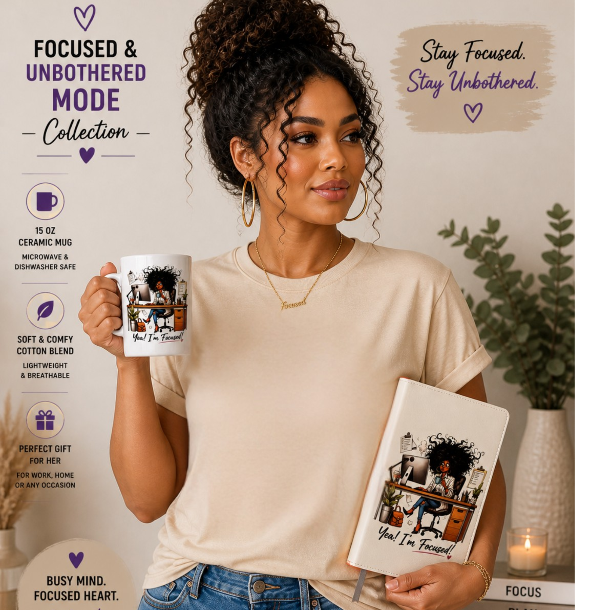 Focused & Unbothered Mode™ Gift Set | Motivational Mug, Tumbler & Journal | Productivity Gift for Women