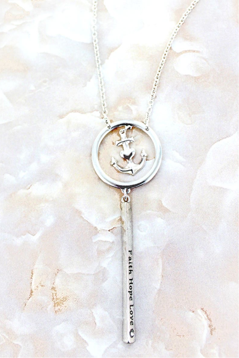 Silvertone ‘Faith Hope Love” Bar and Encircled Anchor  Necklace.