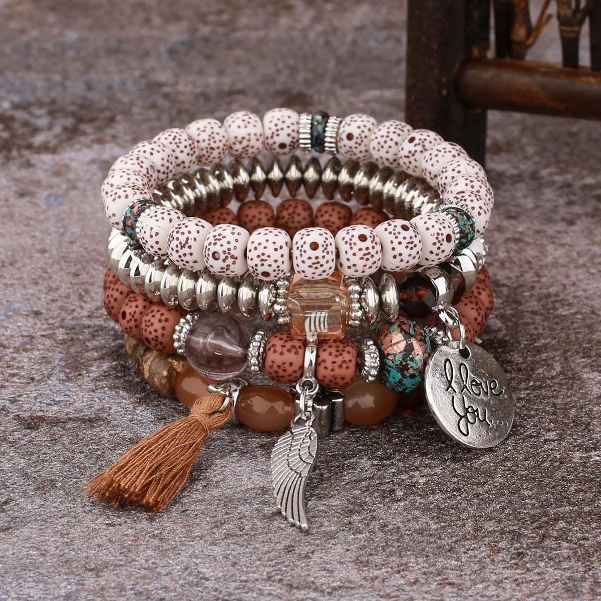 Natural Stone 4 pc Bracelet (I Love You)