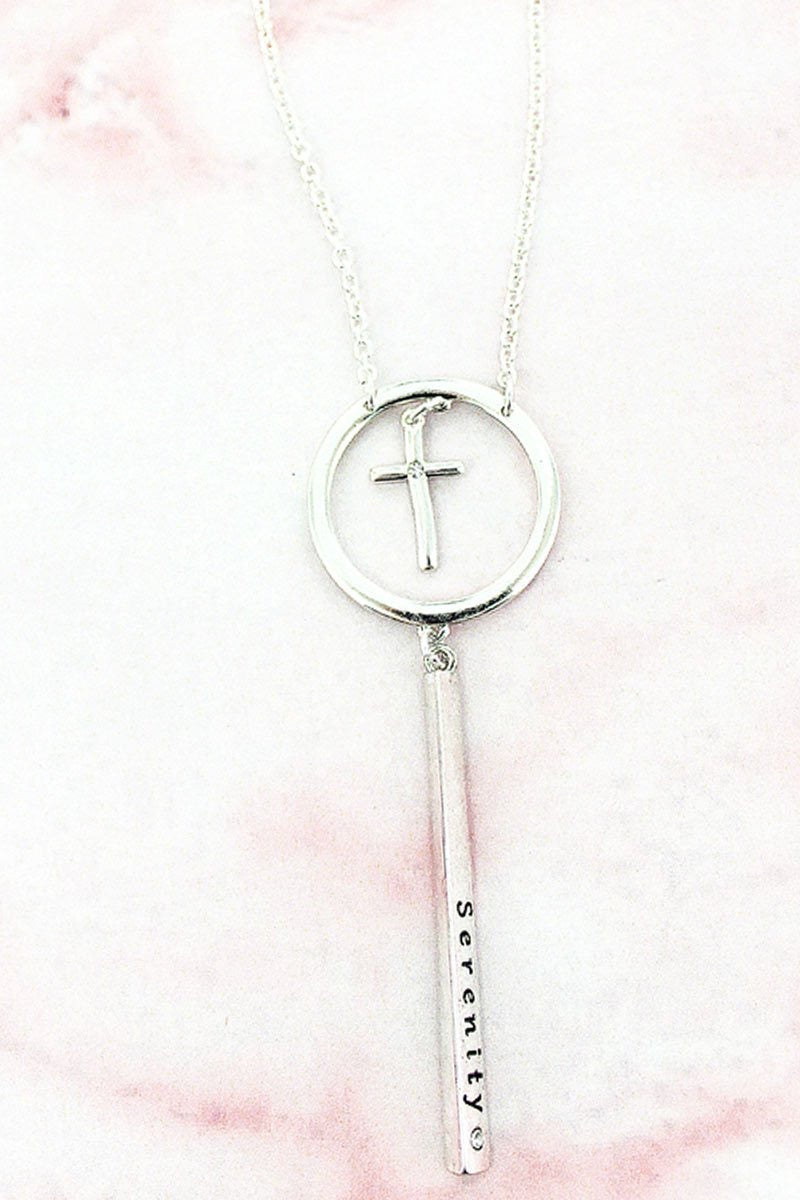 Silver Tone Serenity Encircled Cross Pendant Necklace